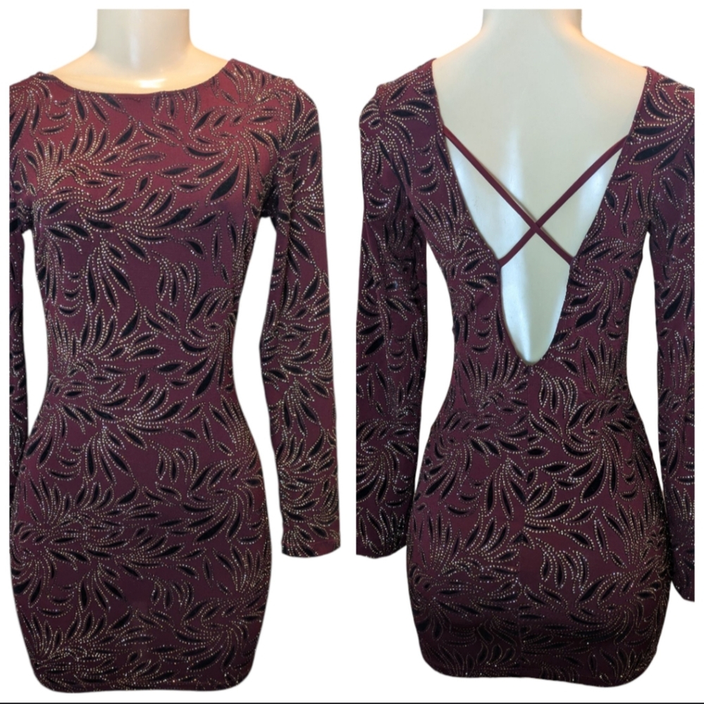 Burgundy Sparkle Long Sleeve Open Criss Cross Back Bodycon Mini Dress Size XS